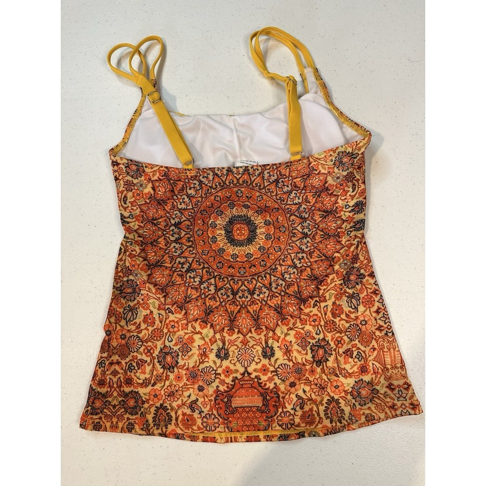 Womens Tankini Swimsuit 2 Piece Small Orange Yellow Boho Floral Mandala Full Set - Picture 7 of 16